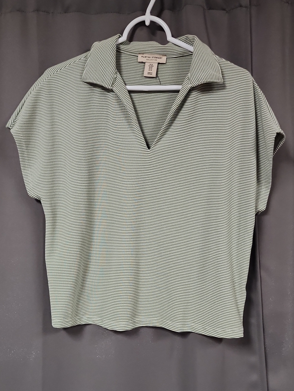 Md Martha Stewart Mint and White Striped Polo-Style Short Sleeve Top